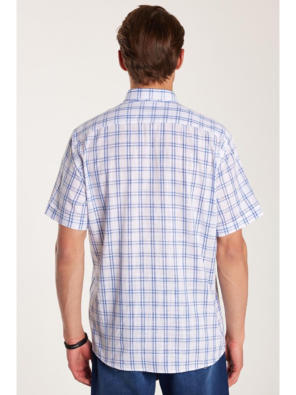 Karışık Erkek Regular Fit Klasik Kesim %100 Pamuk Keten Doku Cepli Kareli Kısa Kollu Düğmeli Yaka Gömlek-4