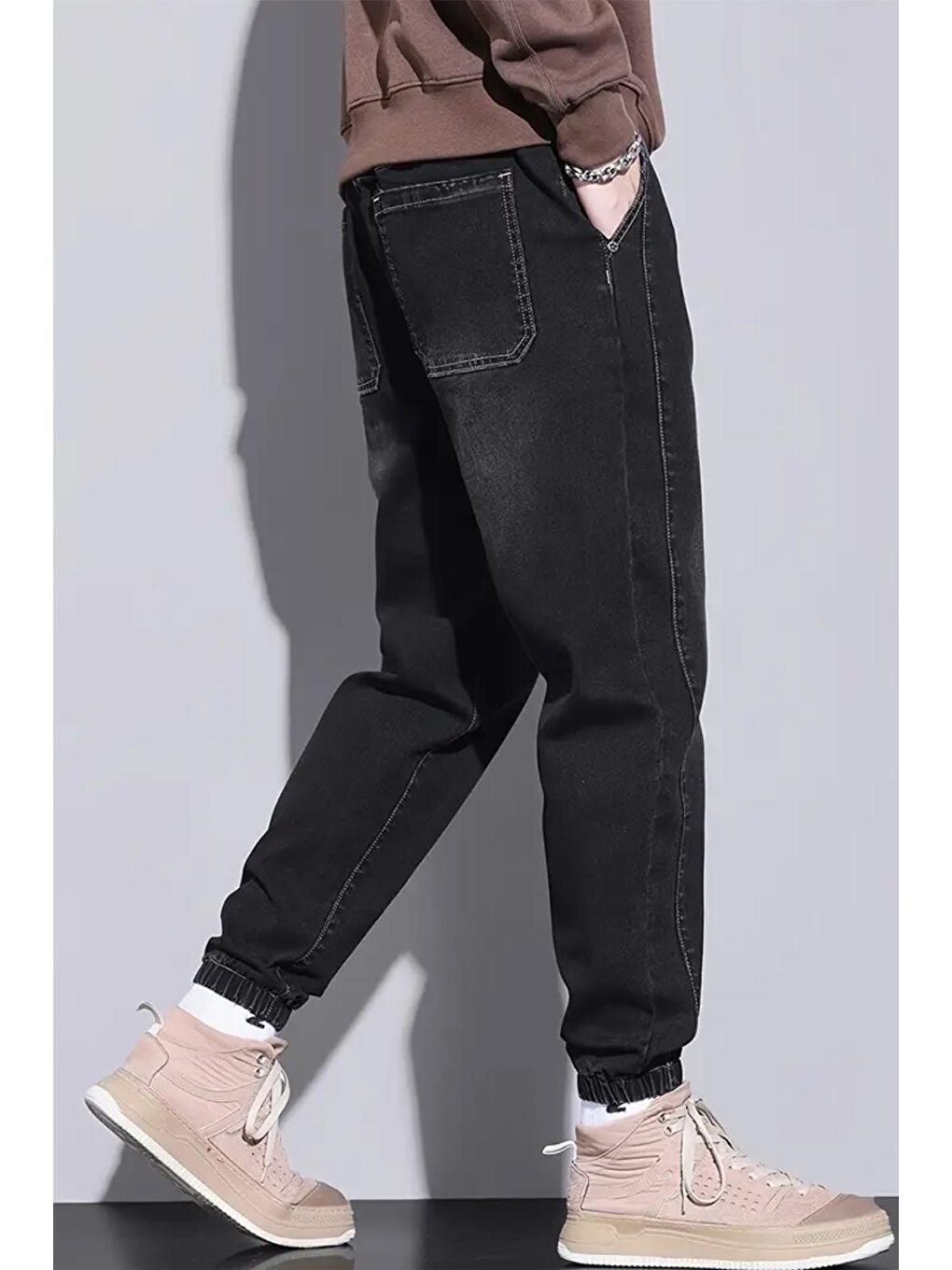 Siyah Reax Simon Beli ve Paçası Lastikli İpli Jogger Kesim Erkek Jean Pantolon-2