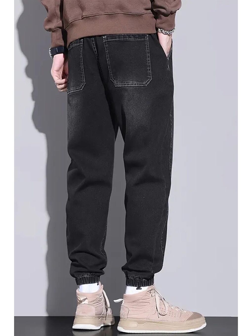 Siyah Reax Simon Beli ve Paçası Lastikli İpli Jogger Kesim Erkek Jean Pantolon-3