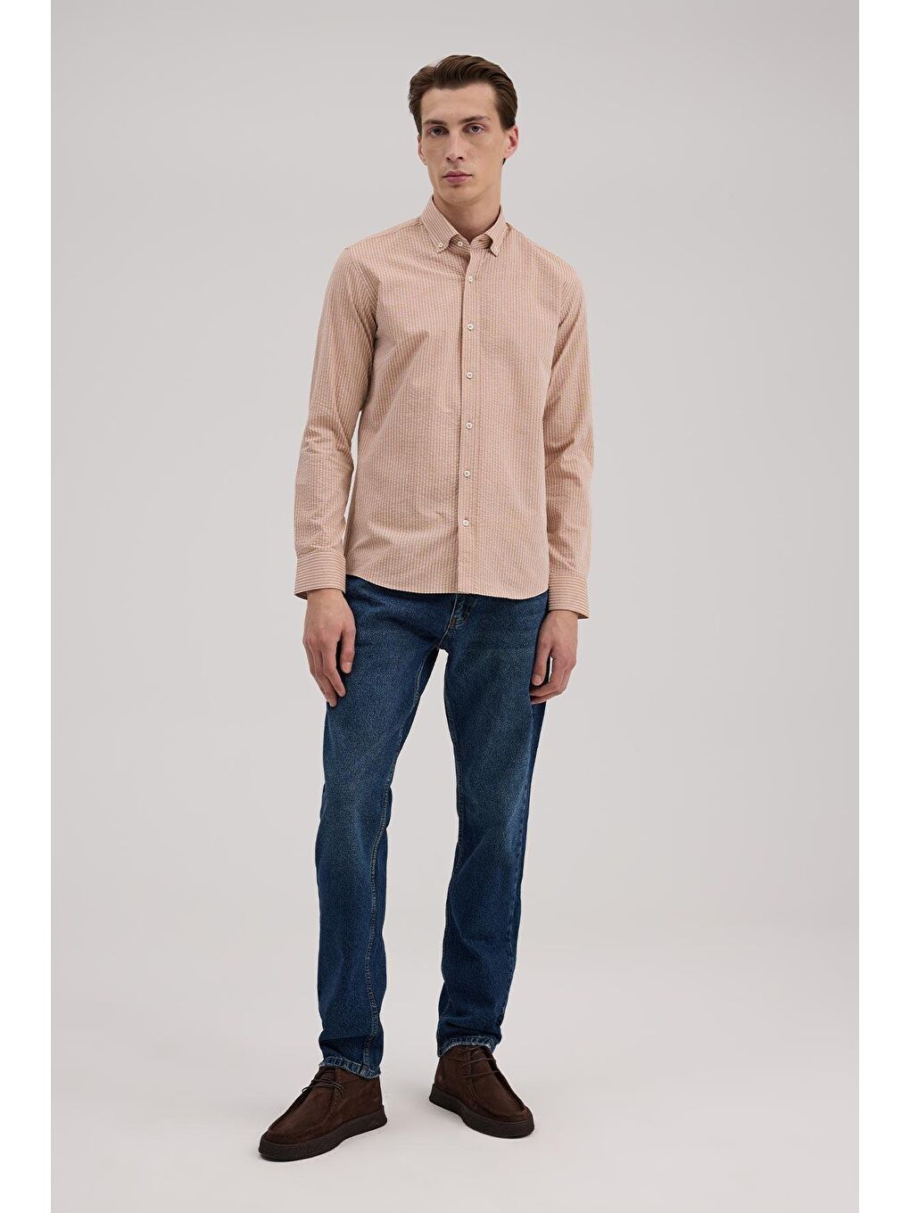 Kahverengi Kahve Comfort Fit %100 Pamuk Çizgili Gömlek