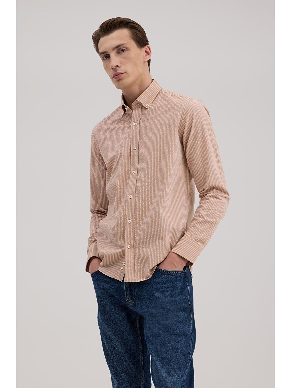 Kahverengi Kahve Comfort Fit %100 Pamuk Çizgili Gömlek-1