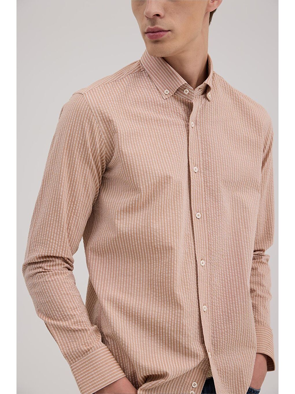 Kahverengi Kahve Comfort Fit %100 Pamuk Çizgili Gömlek-2