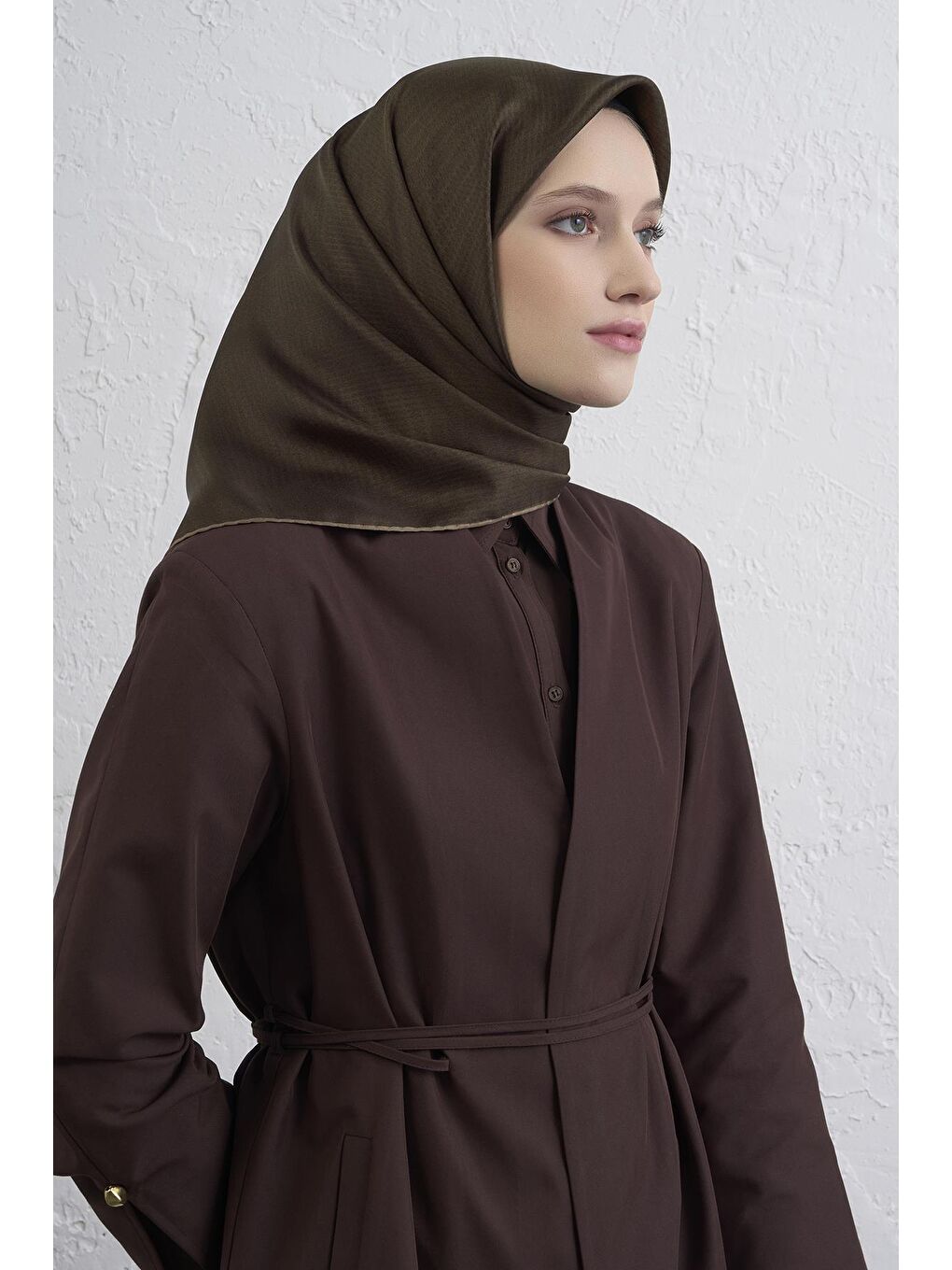 Kahverengi Soyut Desenli Saf İpek Twill Eşarp 9415D 32-3