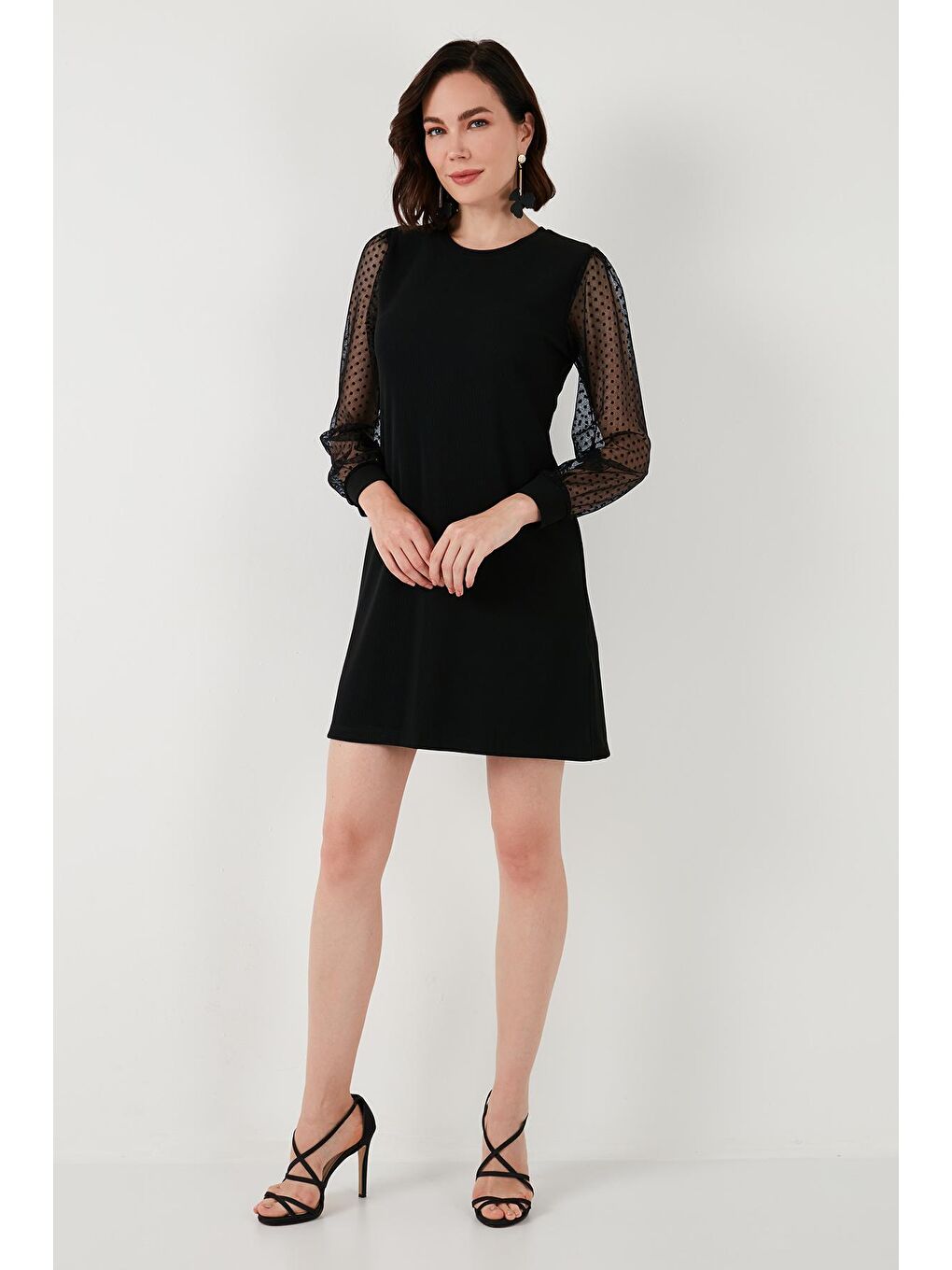 Siyah Regular Fit Tül Kollu Esnek Mini Elbise 66924672S4-2