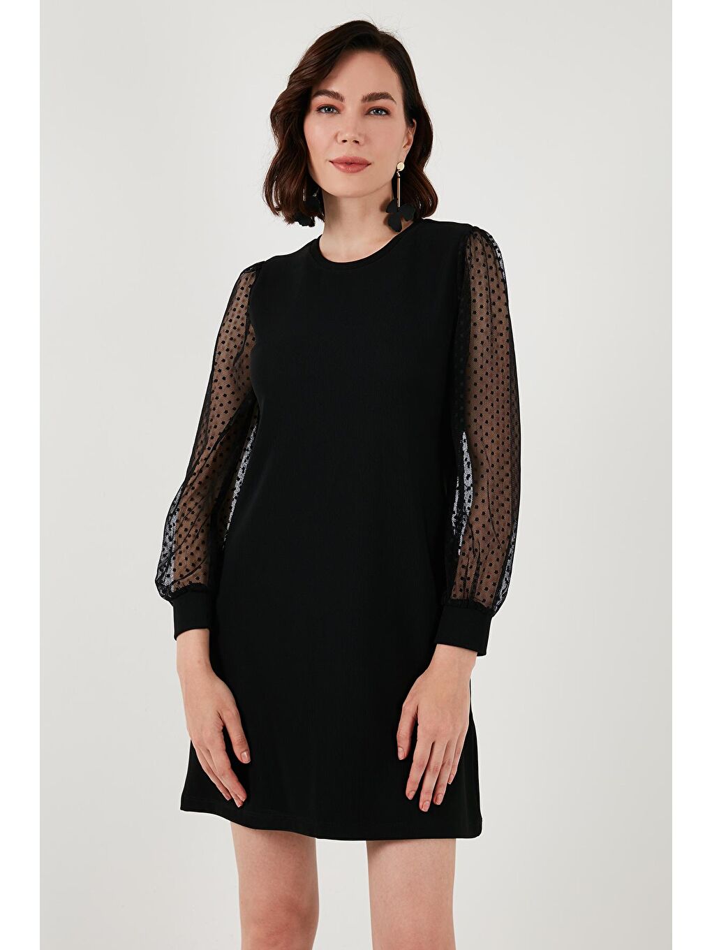 Siyah Regular Fit Tül Kollu Esnek Mini Elbise 66924672S4-3