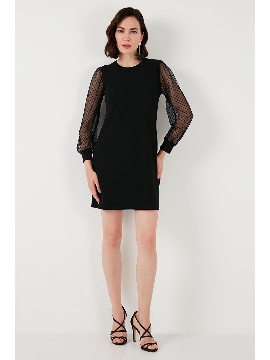 Siyah Regular Fit Tül Kollu Esnek Mini Elbise 66924672S4-4