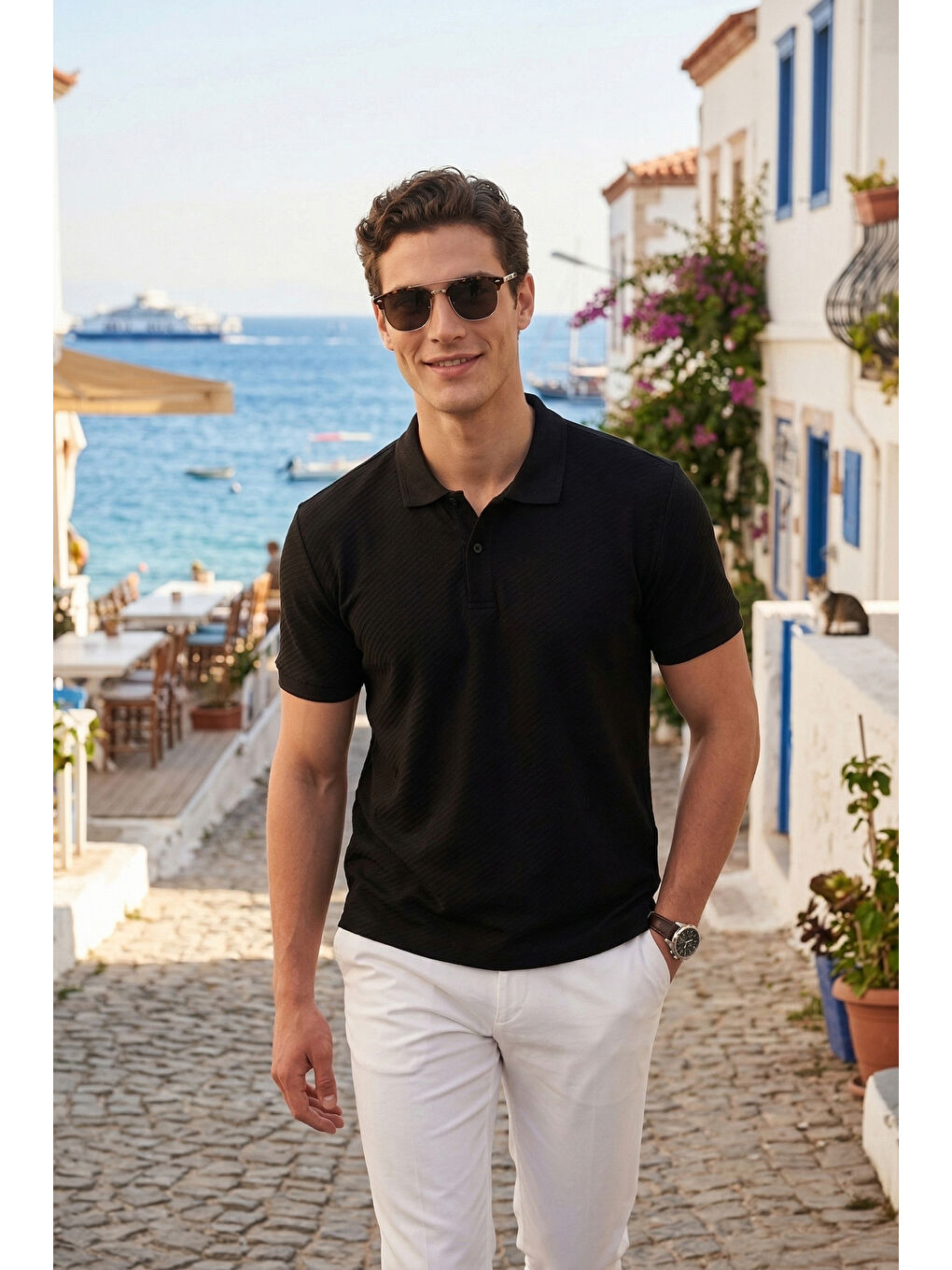 Siyah Pamuklu Kısa Kollu Düğmeli Polo T Shirt 5904049