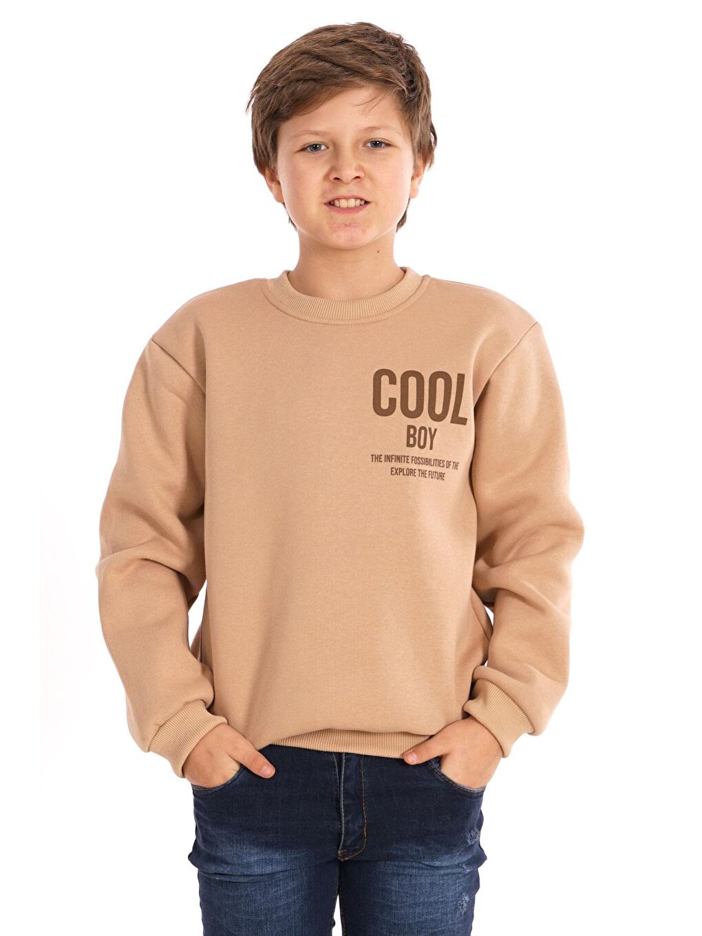 Bisiklet Yaka Şardonlu Cool Boy Baskılı Bej Renk Erkek Çocuk Sweat