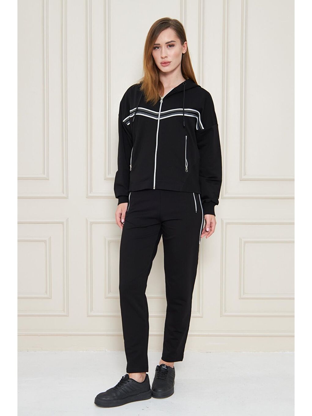 Kadın Pamuklu Tam Fermuarlı Kapüşonlu Eşofman Takımı Siyah 5552-S