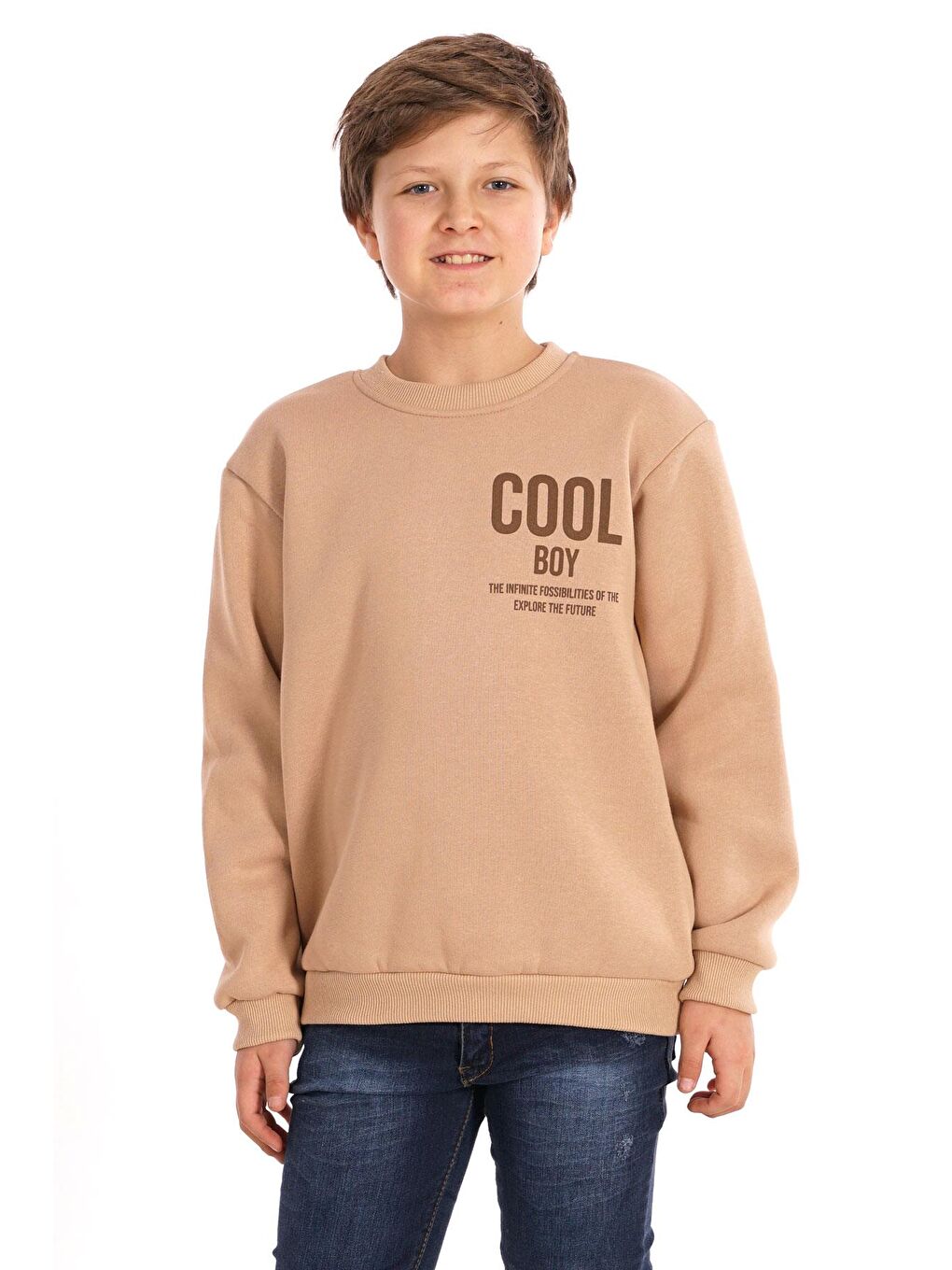 Bisiklet Yaka Şardonlu Cool Boy Baskılı Bej Renk Erkek Çocuk Sweat-1