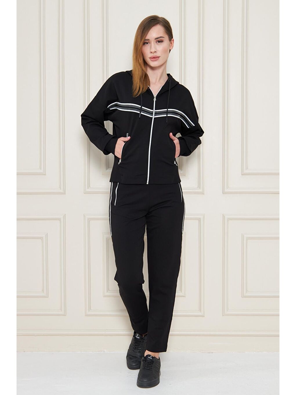 Kadın Pamuklu Tam Fermuarlı Kapüşonlu Eşofman Takımı Siyah 5552-S-2