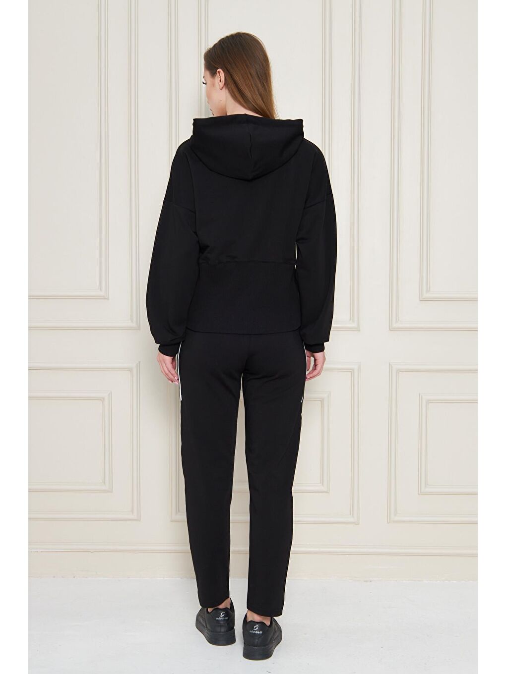 Kadın Pamuklu Tam Fermuarlı Kapüşonlu Eşofman Takımı Siyah 5552-S-6