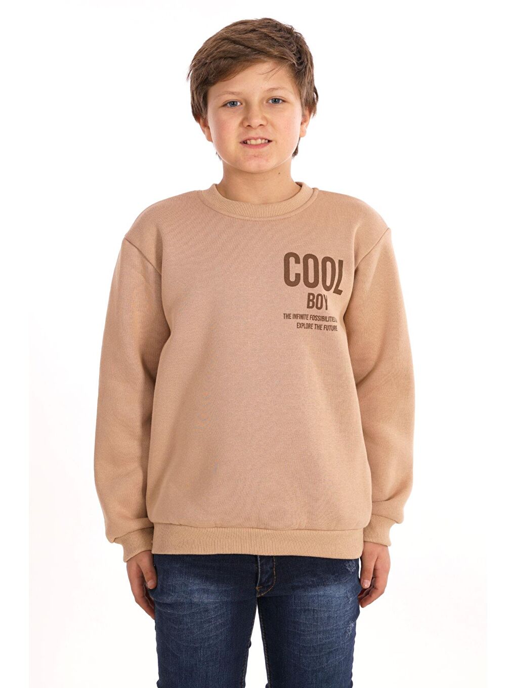 Bisiklet Yaka Şardonlu Cool Boy Baskılı Bej Renk Erkek Çocuk Sweat-3