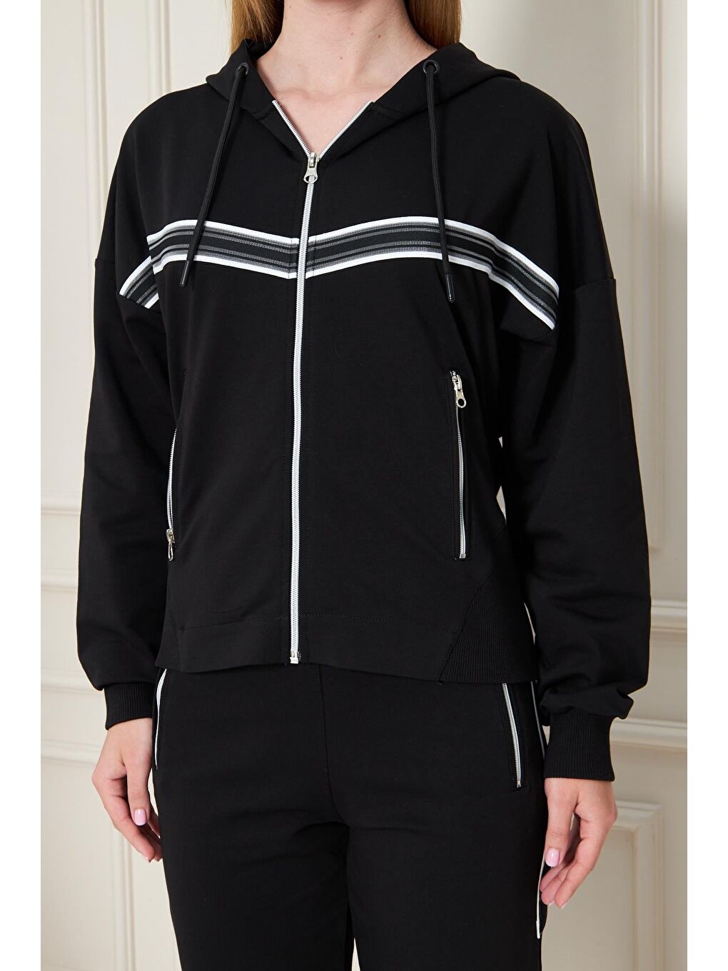 Kadın Pamuklu Tam Fermuarlı Kapüşonlu Eşofman Takımı Siyah 5552-S-7