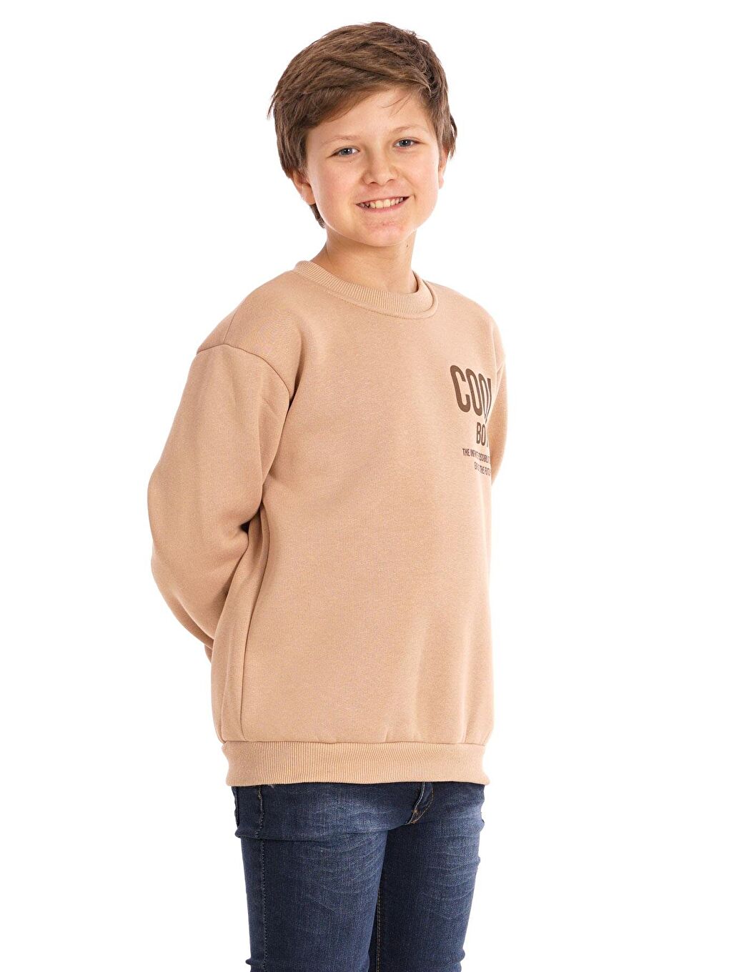 Bisiklet Yaka Şardonlu Cool Boy Baskılı Bej Renk Erkek Çocuk Sweat-4