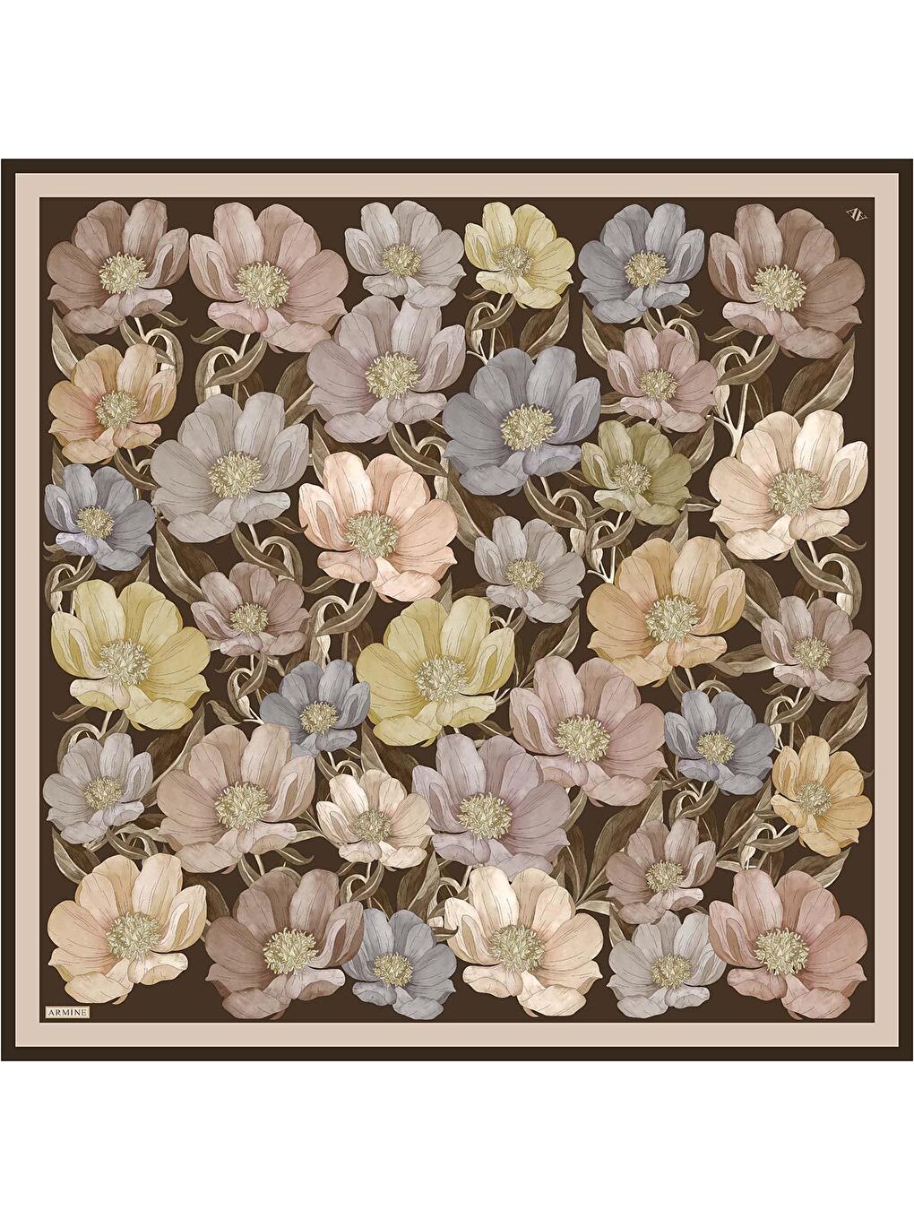 Kahverengi Çiçek Desenli Saf İpek Twill Eşarp 9403D 36-3