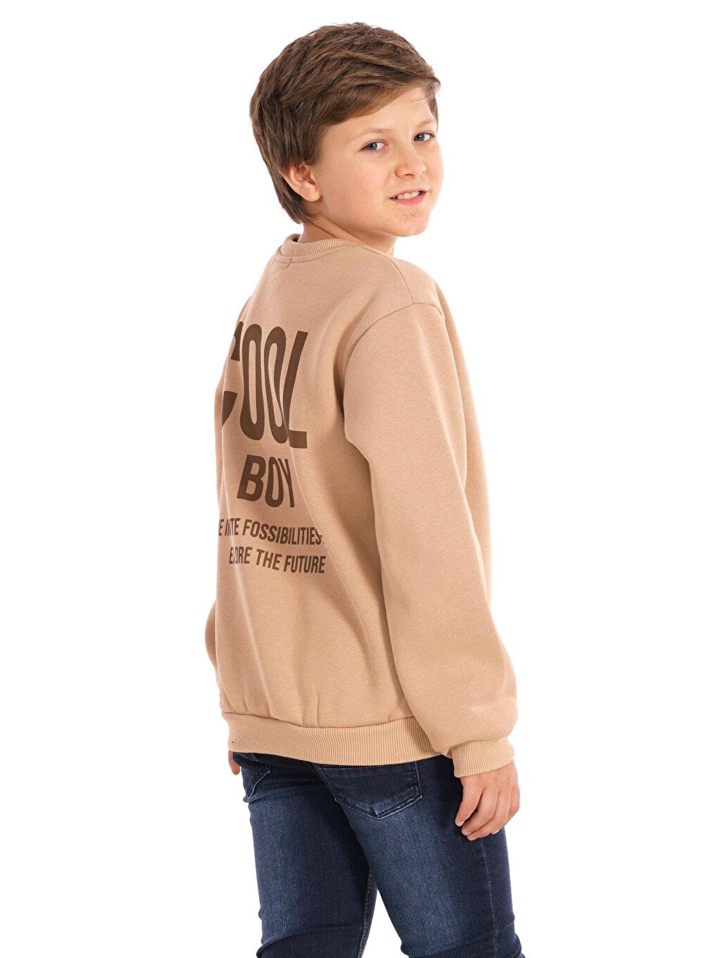 Bisiklet Yaka Şardonlu Cool Boy Baskılı Bej Renk Erkek Çocuk Sweat-5