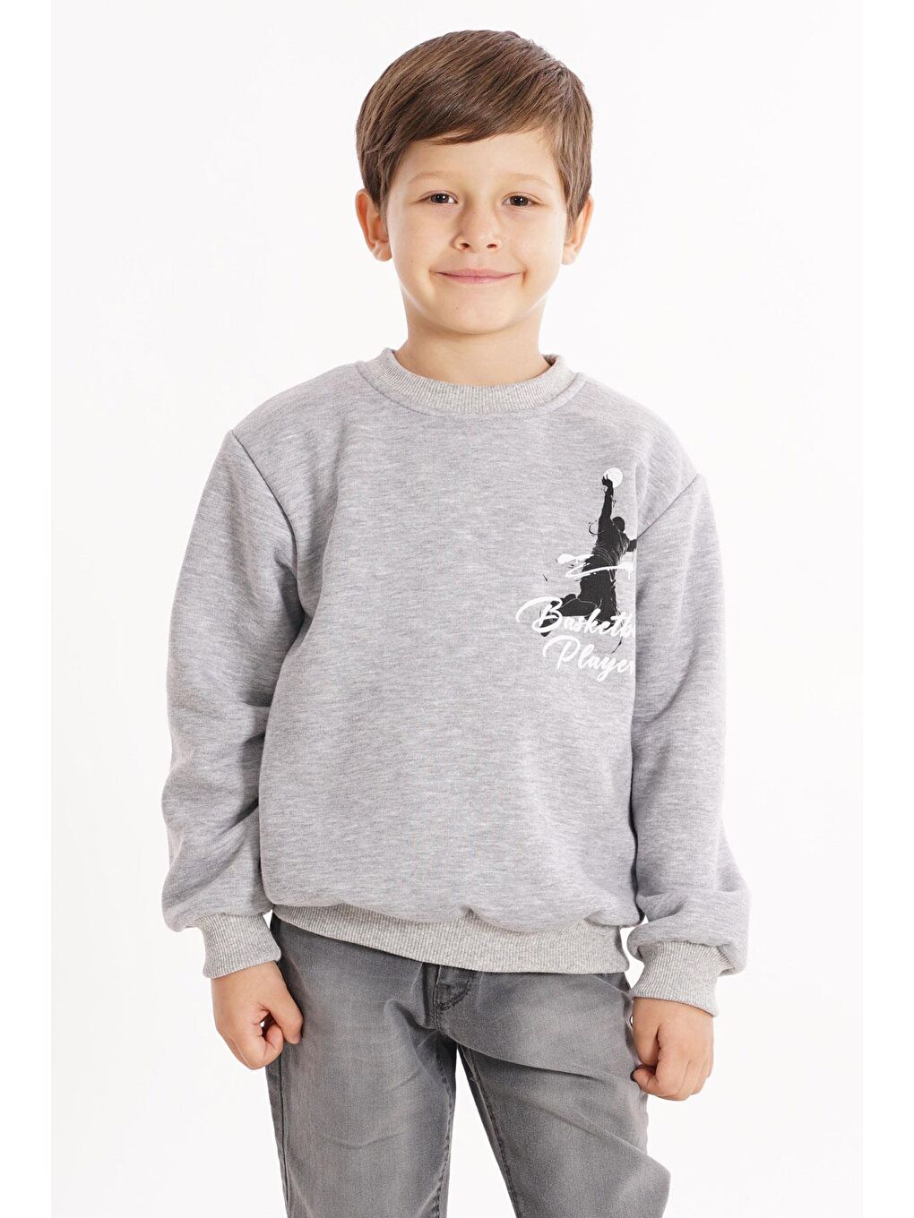 Bisiklet Yaka Şardonlu Basketball Baskılı Gri Renk Erkek Çocuk Sweat-1