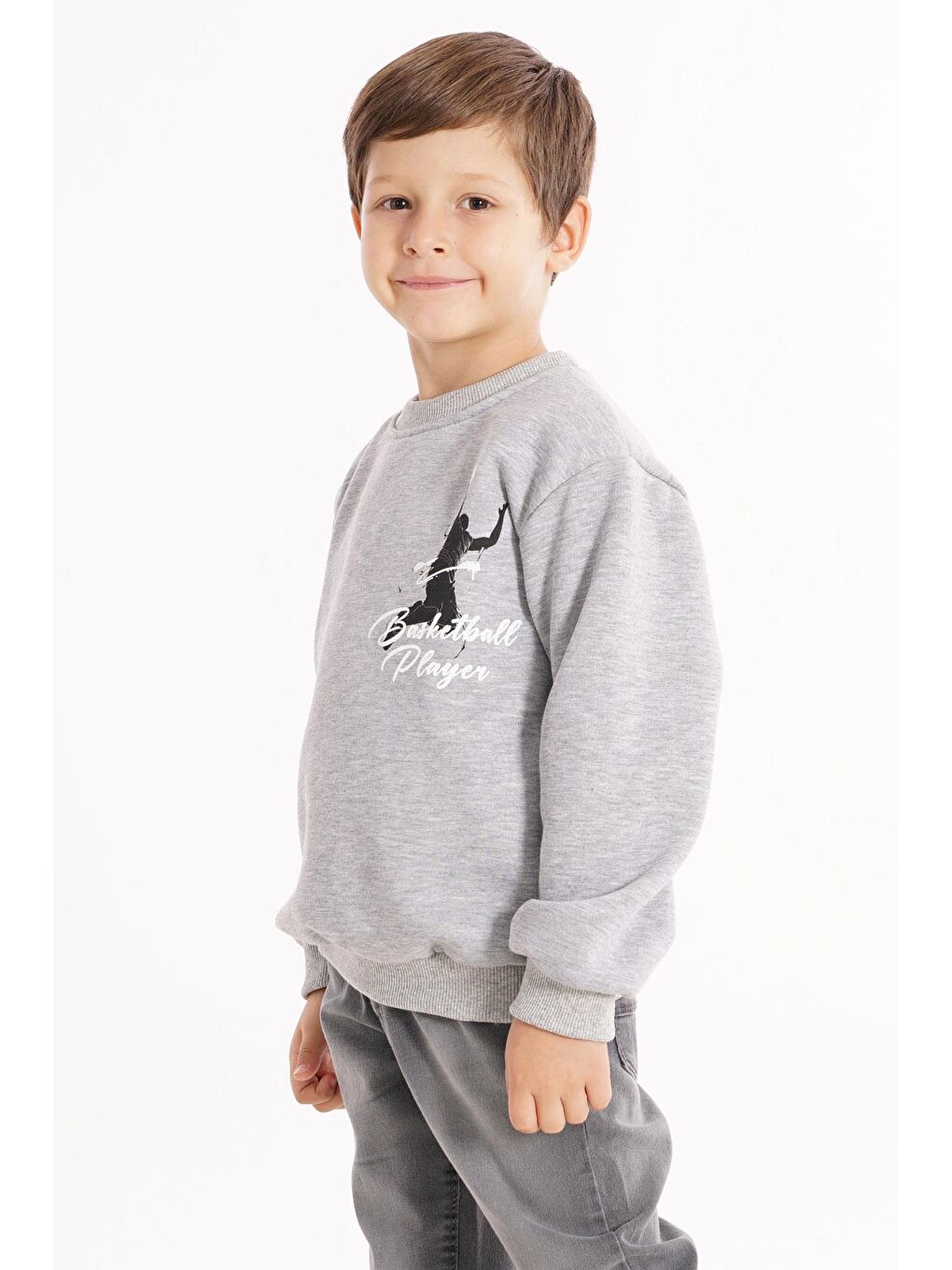 Bisiklet Yaka Şardonlu Basketball Baskılı Gri Renk Erkek Çocuk Sweat-2
