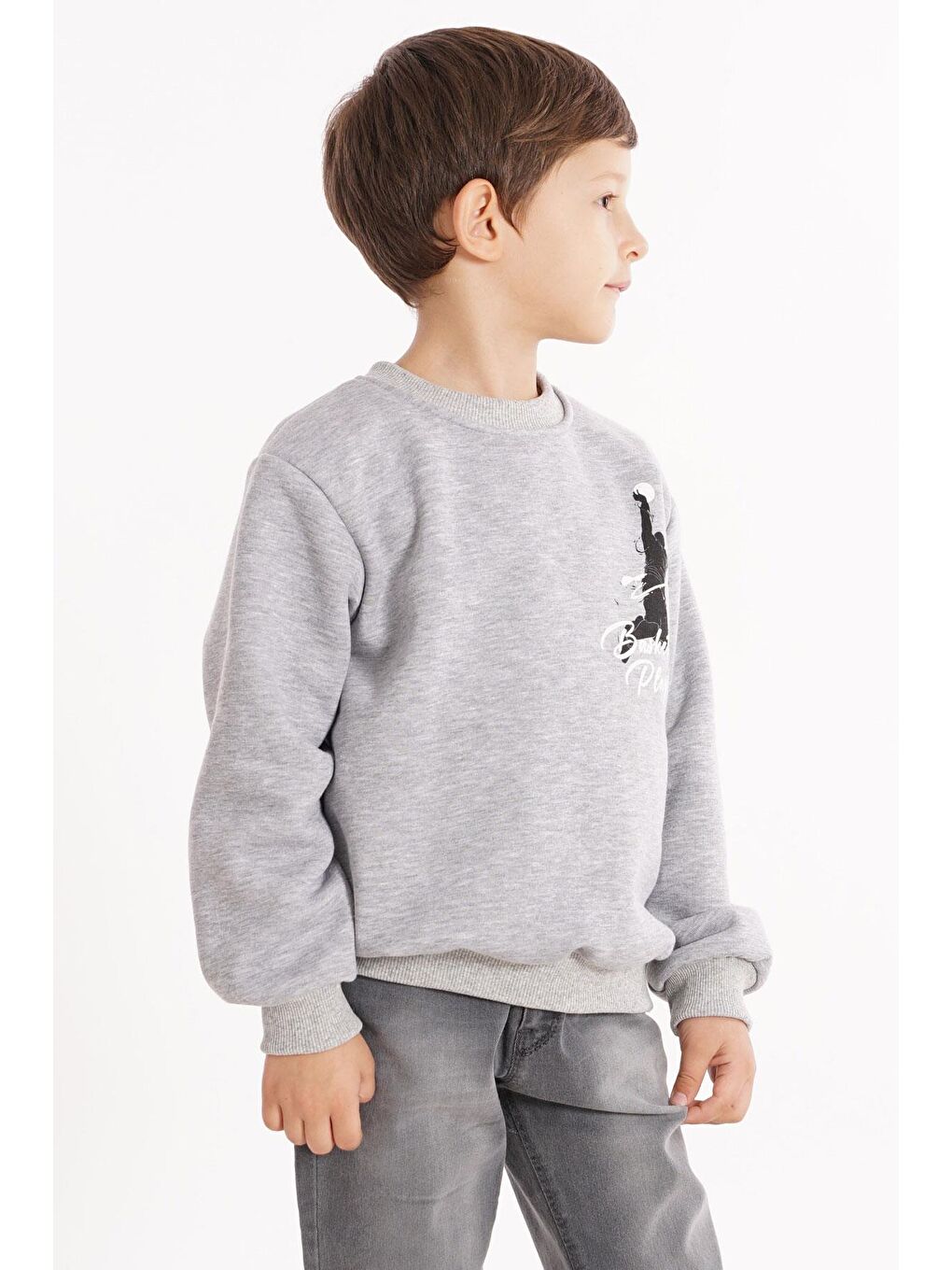 Bisiklet Yaka Şardonlu Basketball Baskılı Gri Renk Erkek Çocuk Sweat-3