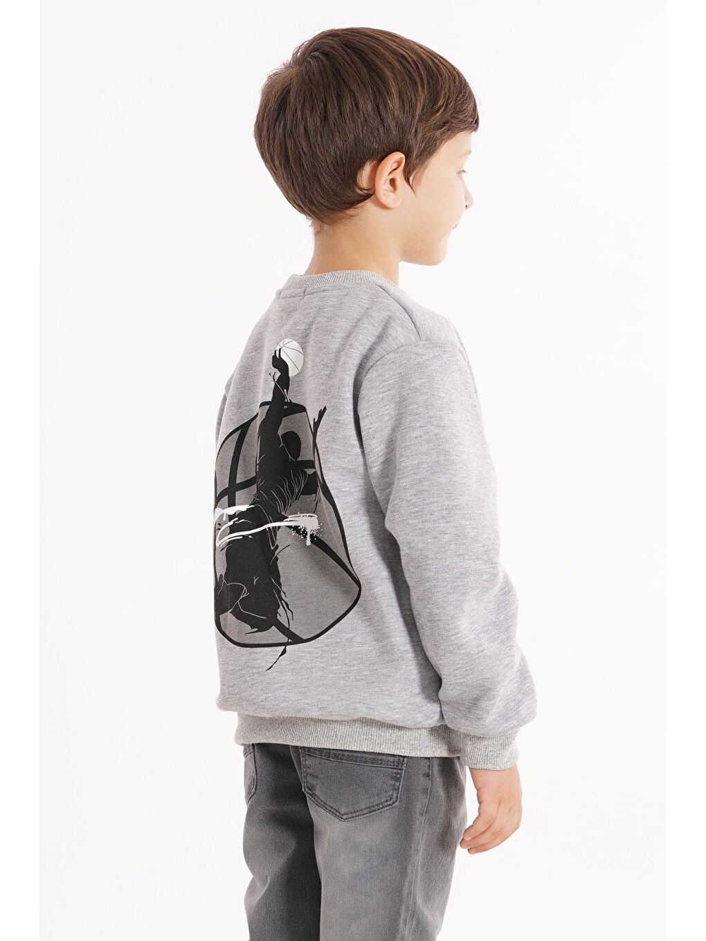 Bisiklet Yaka Şardonlu Basketball Baskılı Gri Renk Erkek Çocuk Sweat-5