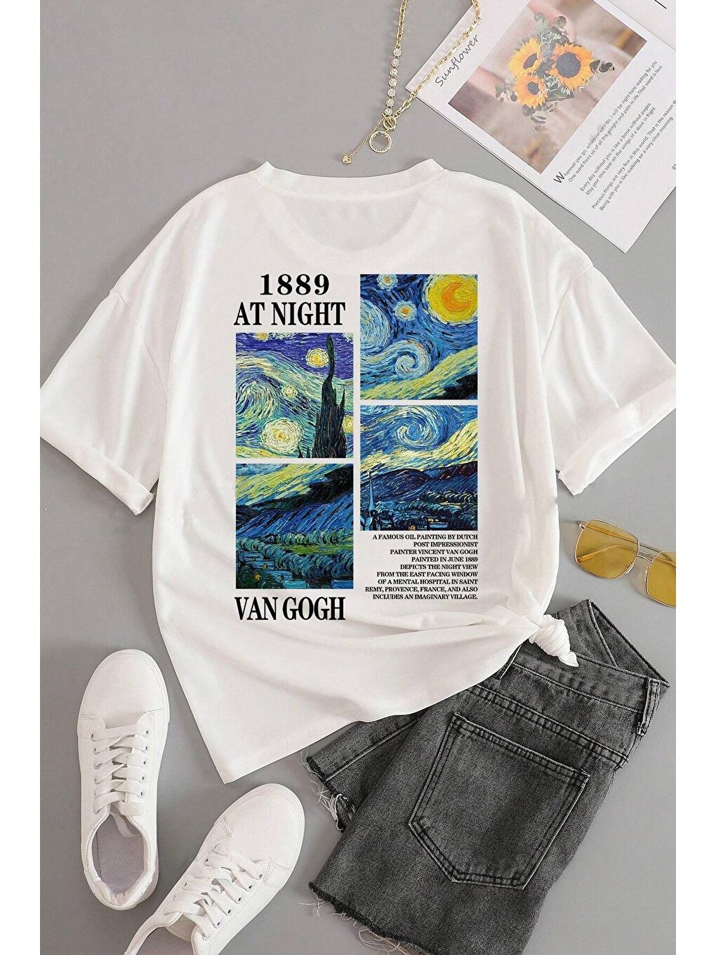 uyguntarz Beyaz Unisex Van Gogh Baskılı Oversize Tshirt - 1