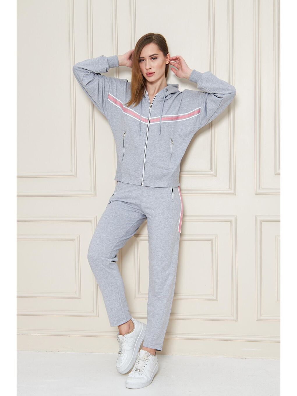 Kadın Pamuklu Tam Fermuarlı Kapüşonlu Eşofman Takımı Gri 5552-G-1