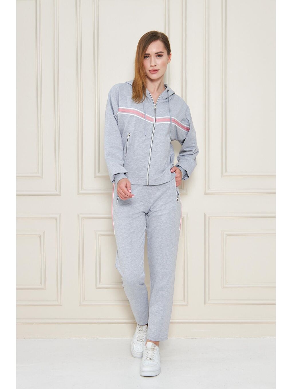 Kadın Pamuklu Tam Fermuarlı Kapüşonlu Eşofman Takımı Gri 5552-G-2