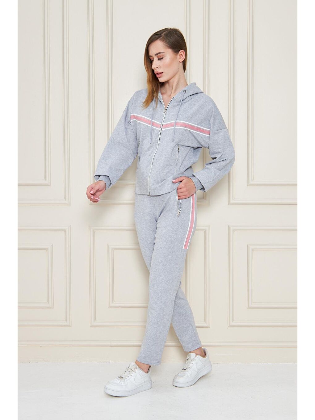 Kadın Pamuklu Tam Fermuarlı Kapüşonlu Eşofman Takımı Gri 5552-G-3