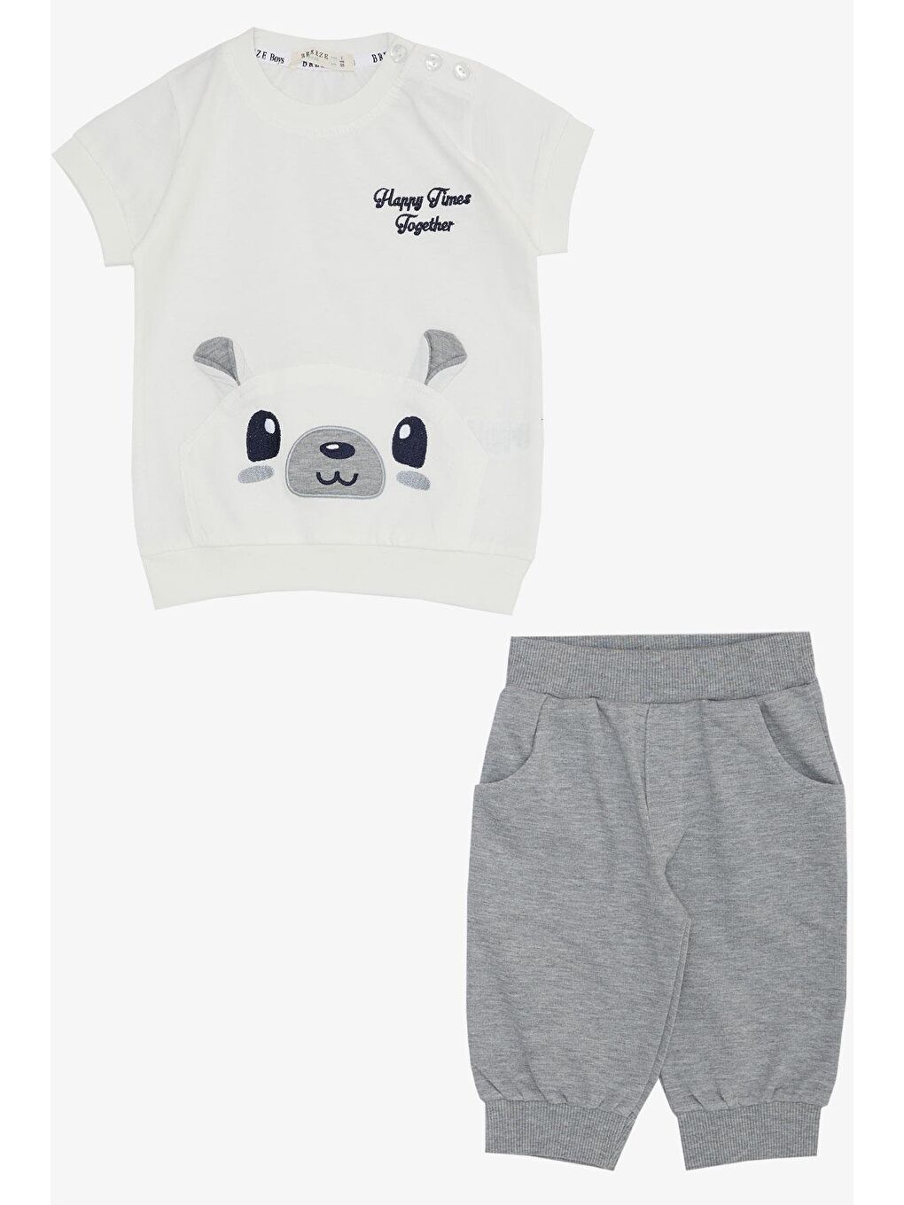 Erkek Bebek Kapri Takım Sevimli Ayıcık Nakışlı Ekru (9 Ay-1.5 Yaş)