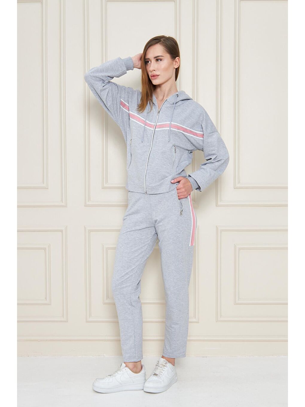 Kadın Pamuklu Tam Fermuarlı Kapüşonlu Eşofman Takımı Gri 5552-G-4