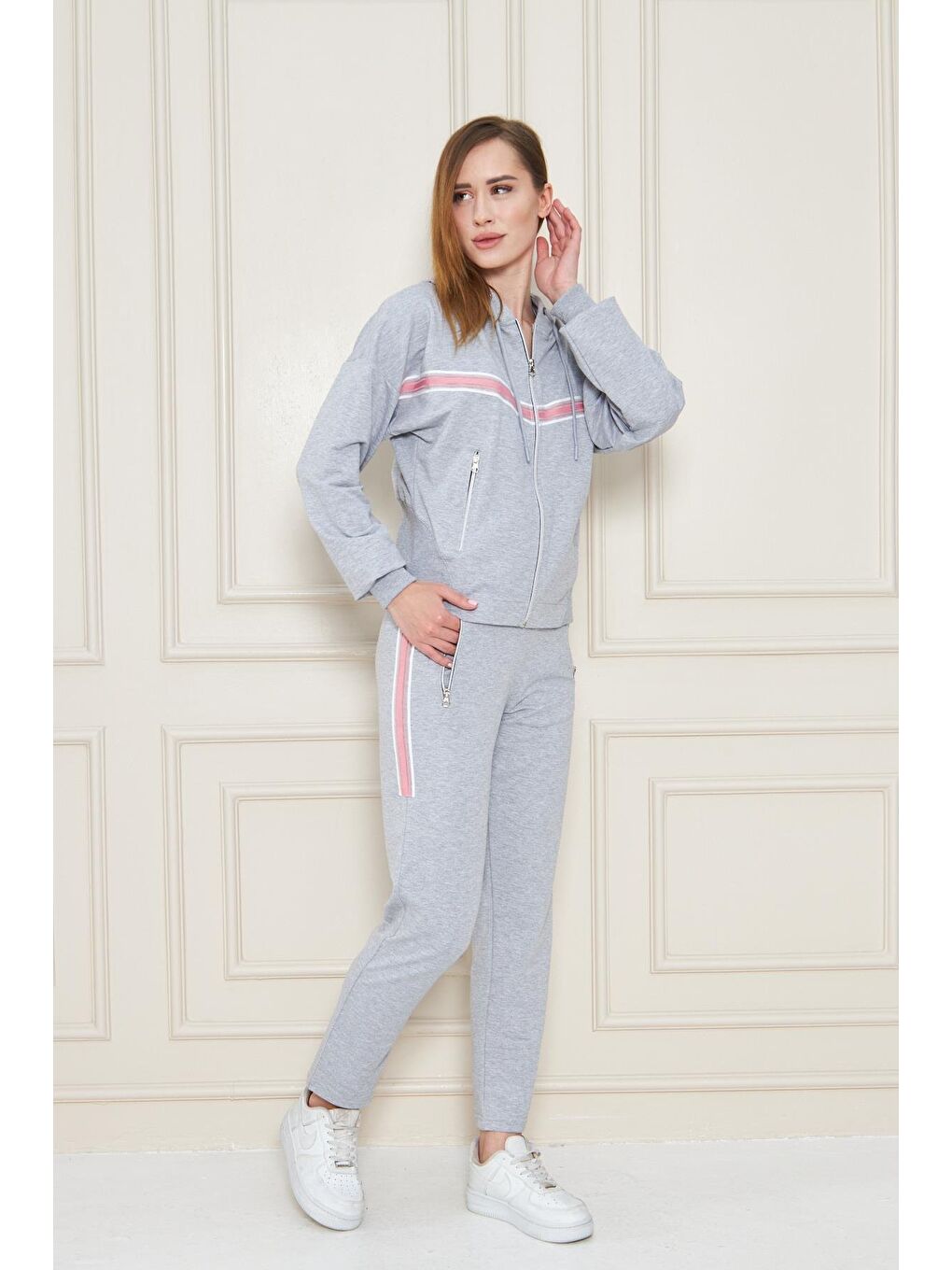 Kadın Pamuklu Tam Fermuarlı Kapüşonlu Eşofman Takımı Gri 5552-G-5