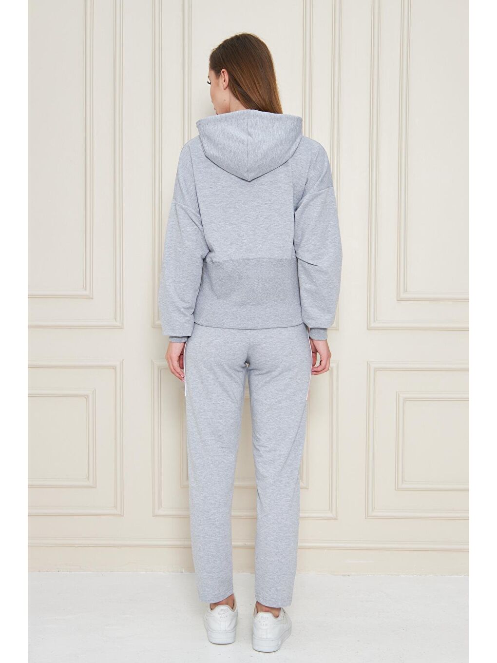 Kadın Pamuklu Tam Fermuarlı Kapüşonlu Eşofman Takımı Gri 5552-G-6