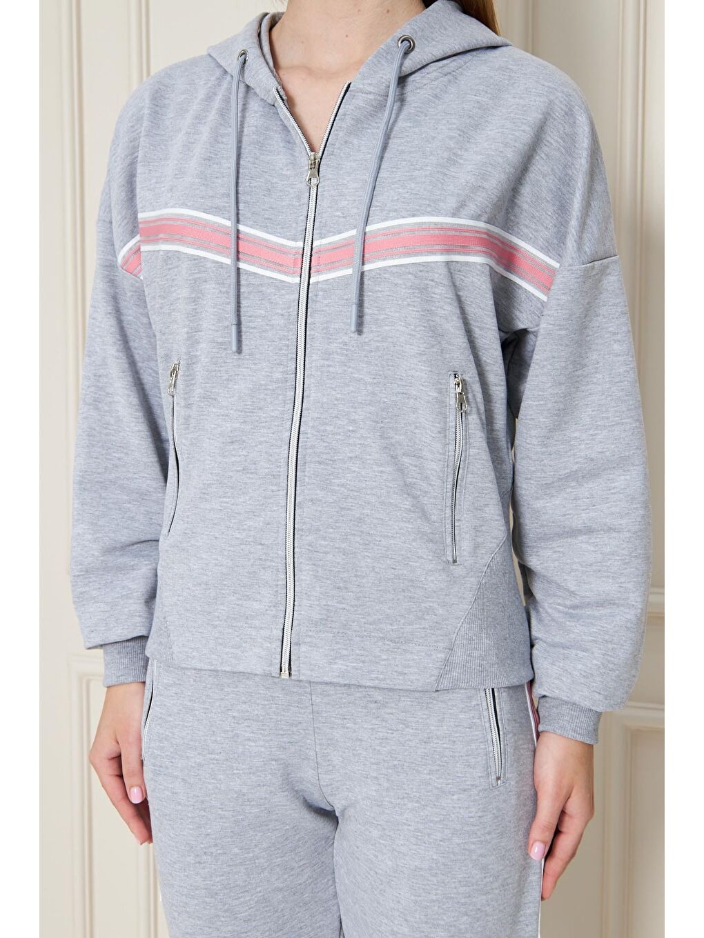 Kadın Pamuklu Tam Fermuarlı Kapüşonlu Eşofman Takımı Gri 5552-G-7