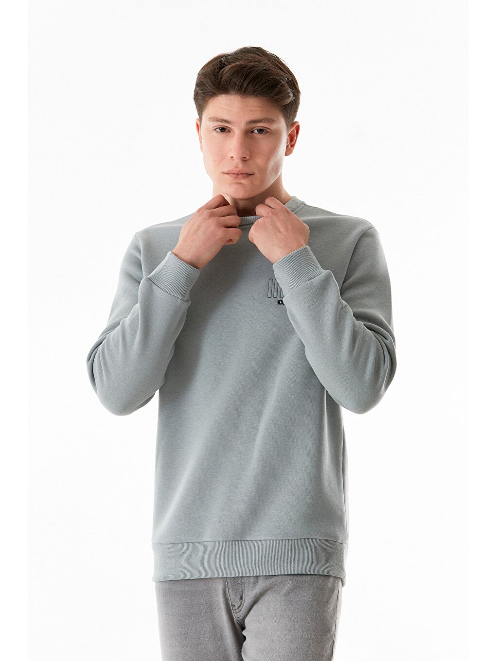 Fullamoda Gri 3 İplik Yazı Nakışlı Bisiklet Yaka Sweatshirt - 3