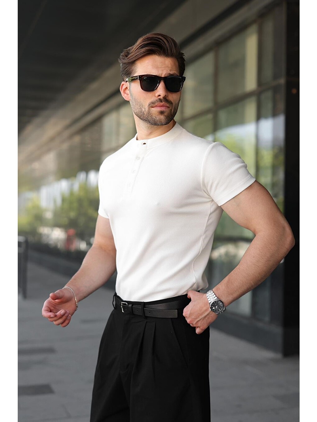 Ekru Slim Fit Hakim Yaka Triko Erkek Tişört E7189