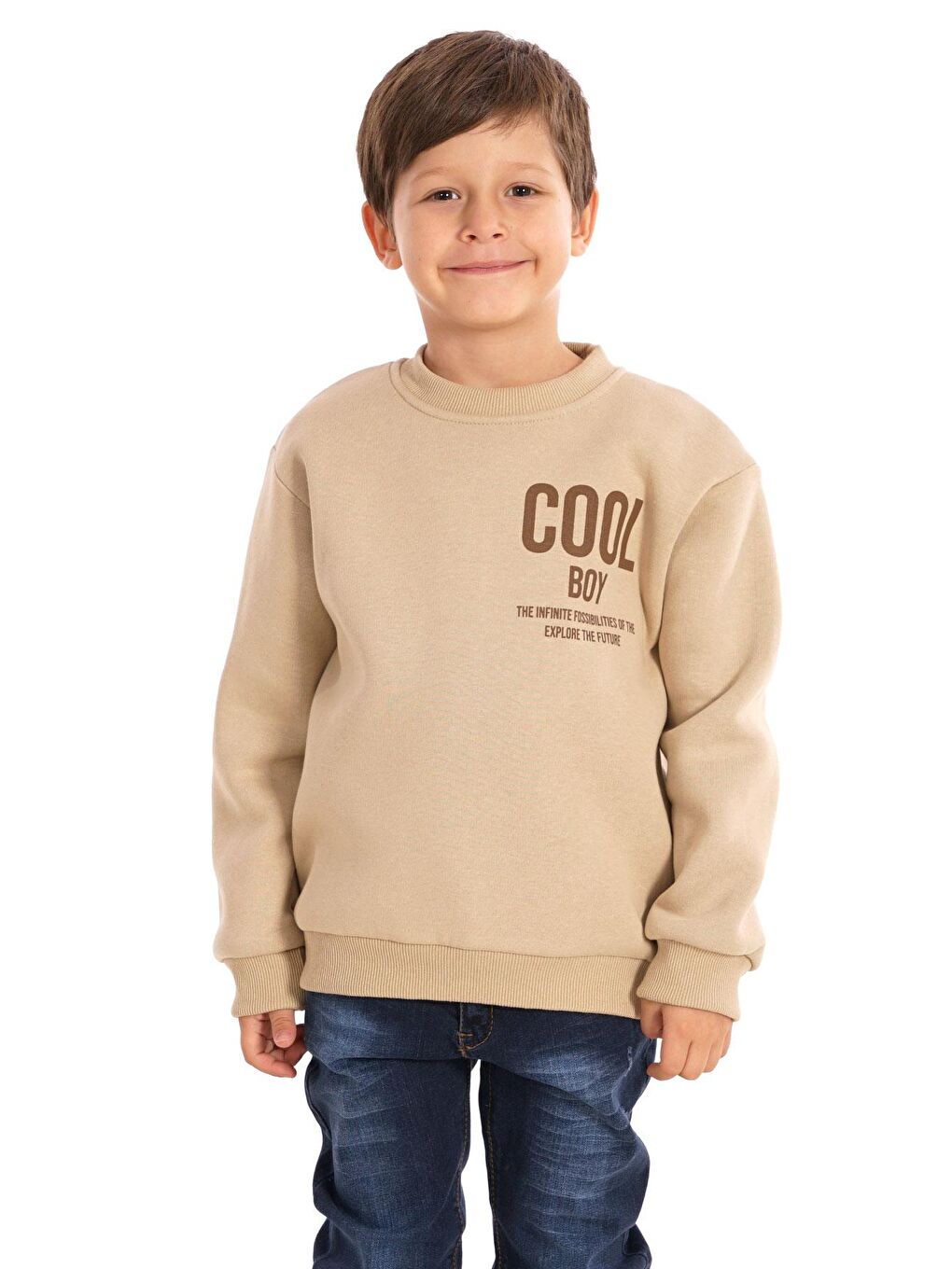 Bej Bisiklet Yaka Şardonlu Cool Boy Baskılı Vizon Renk Erkek Çocuk Sweat