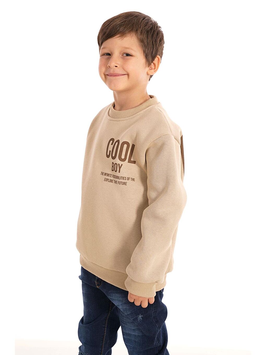 Bej Bisiklet Yaka Şardonlu Cool Boy Baskılı Vizon Renk Erkek Çocuk Sweat-1