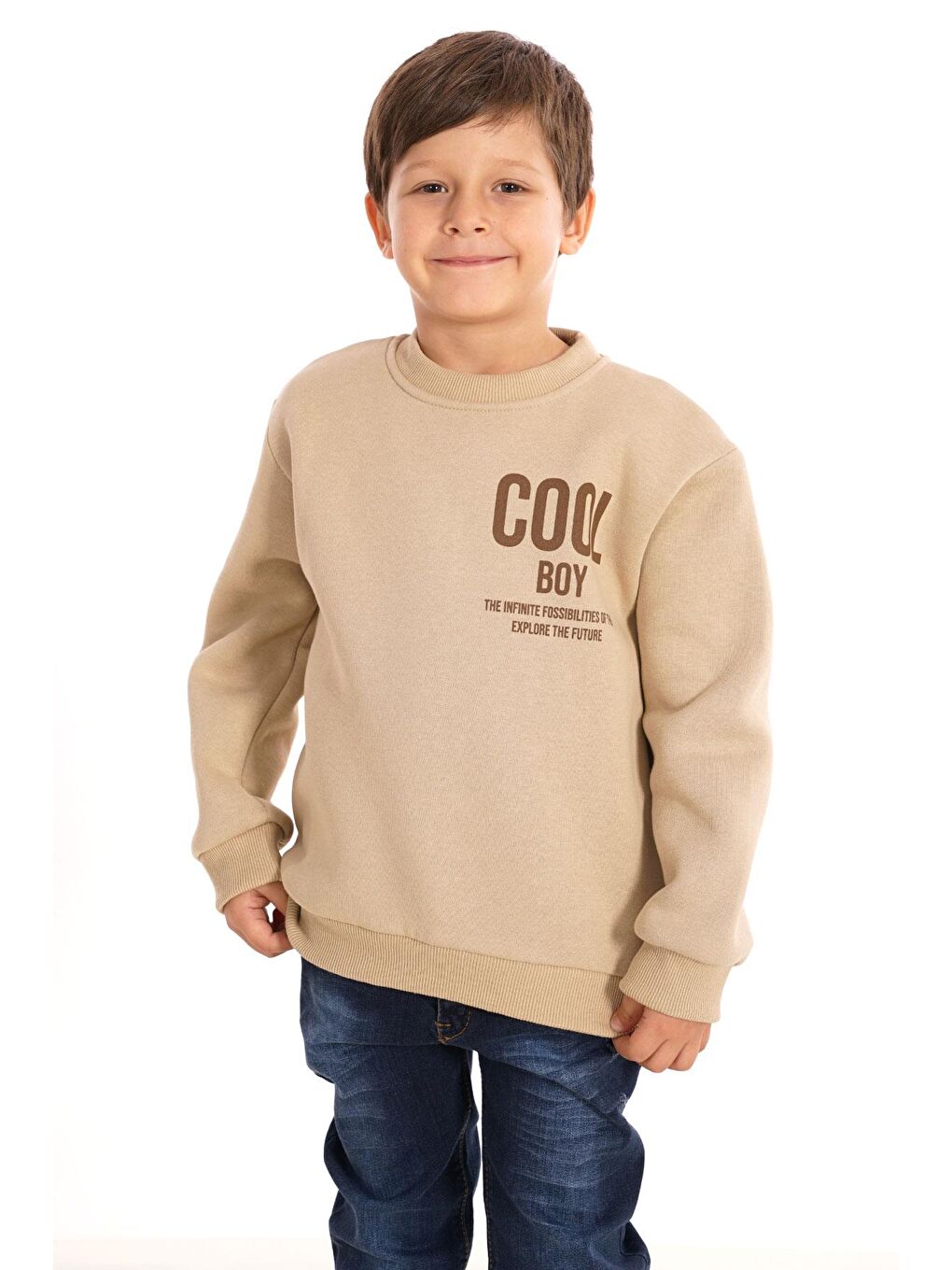 Bej Bisiklet Yaka Şardonlu Cool Boy Baskılı Vizon Renk Erkek Çocuk Sweat-2