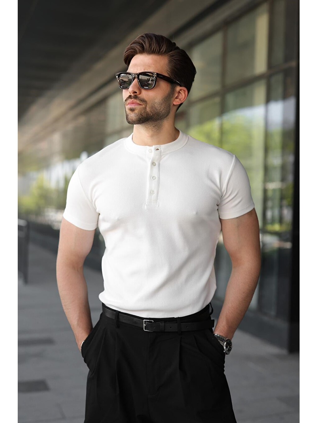 Ekru Slim Fit Hakim Yaka Triko Erkek Tişört E7189-3