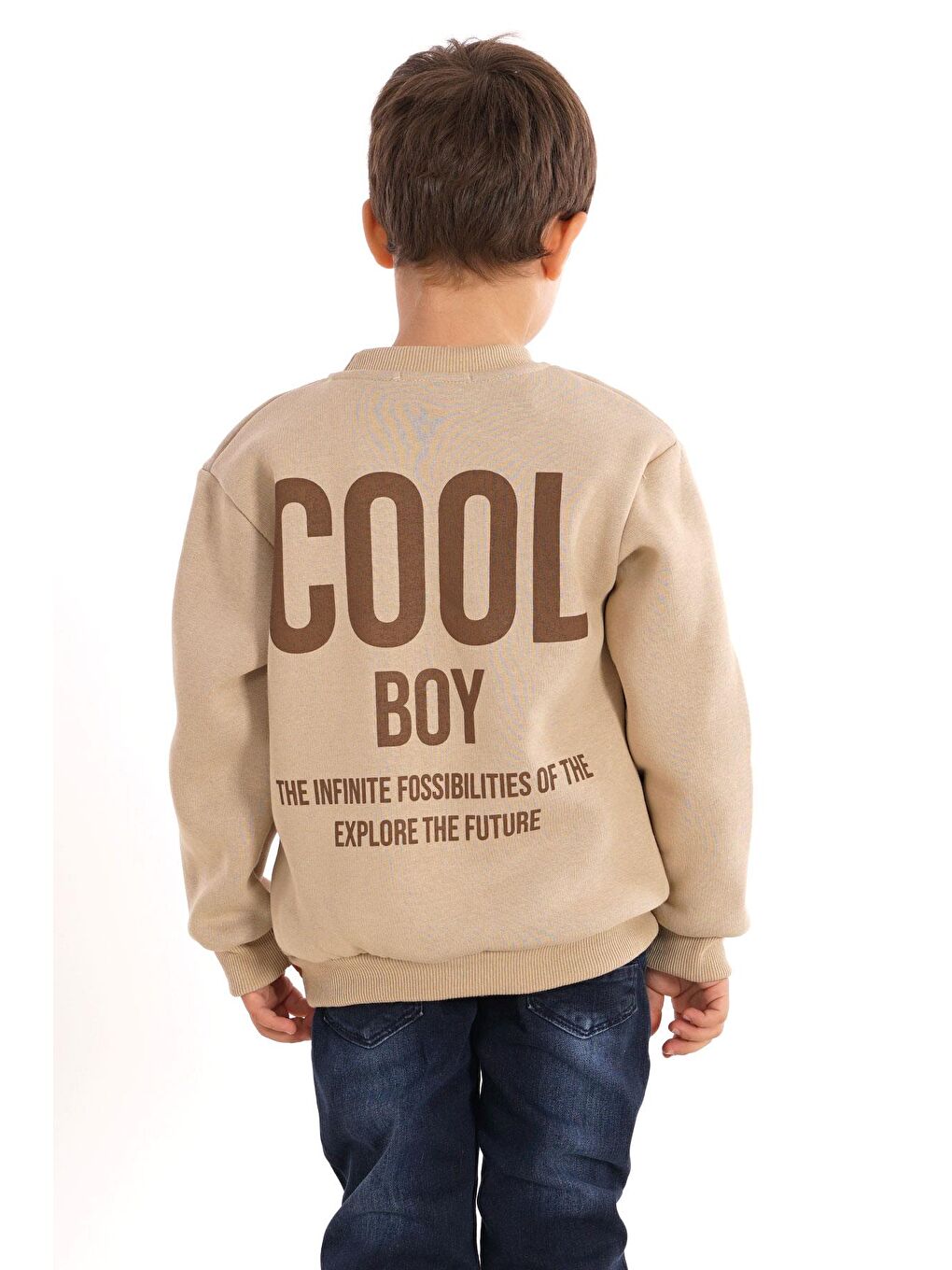 Bej Bisiklet Yaka Şardonlu Cool Boy Baskılı Vizon Renk Erkek Çocuk Sweat-3