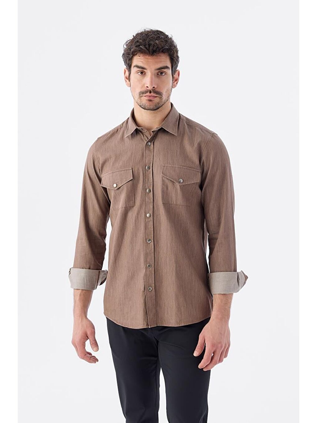 Kahverengi Kahve Comfort Fit Cepli Çıtçıtlı %100 Pamuk Jean Gömlek