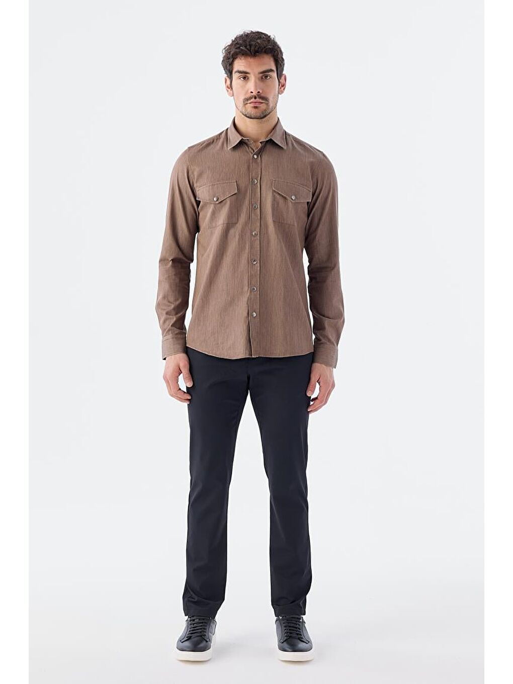 Kahverengi Kahve Comfort Fit Cepli Çıtçıtlı %100 Pamuk Jean Gömlek-1