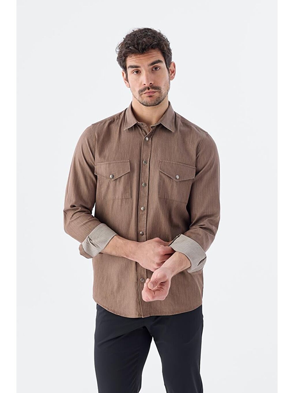 Kahverengi Kahve Comfort Fit Cepli Çıtçıtlı %100 Pamuk Jean Gömlek-2