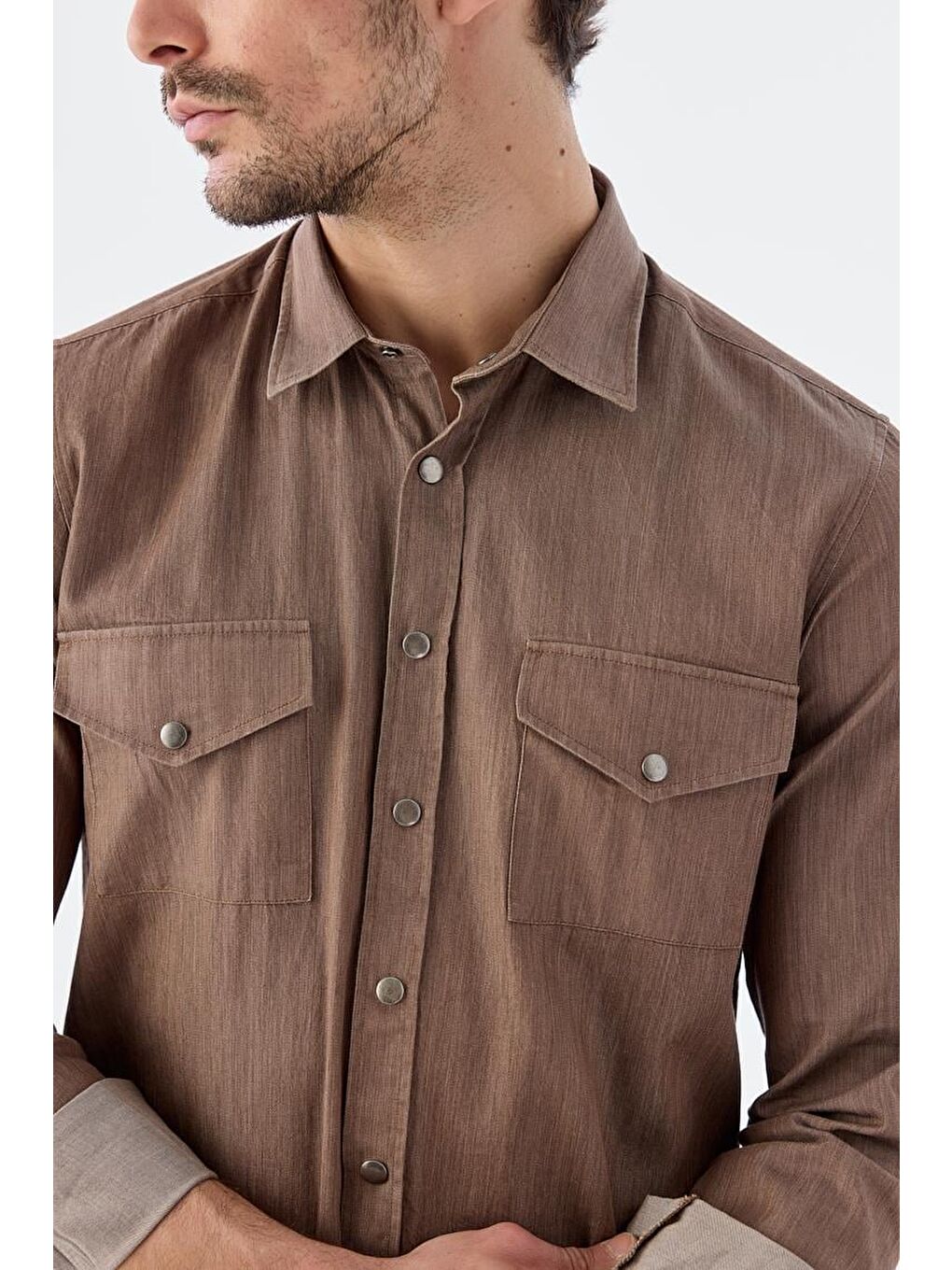 Kahverengi Kahve Comfort Fit Cepli Çıtçıtlı %100 Pamuk Jean Gömlek-3