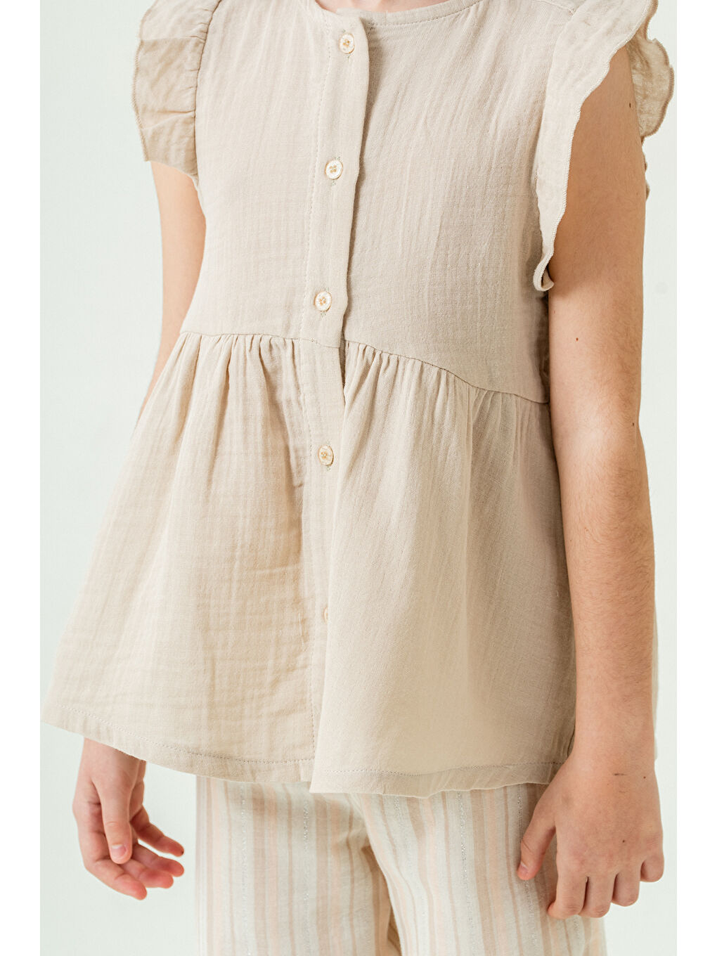 Kız Çocuk Gömlekli Çizgili Müslin Takım 5-9 Yaş Bej 3807-1-2