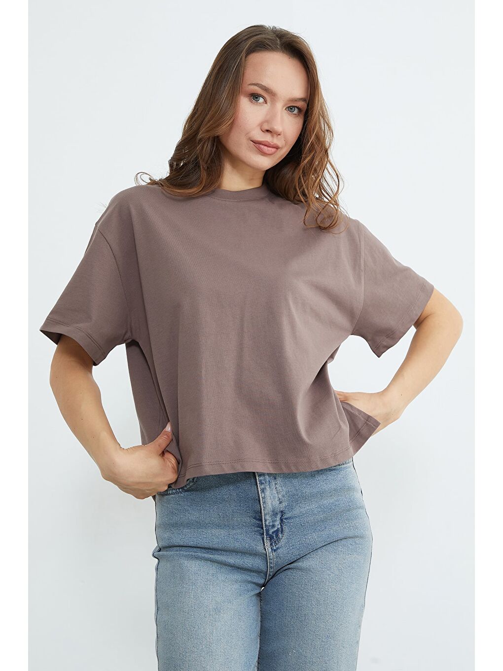 Kahverengi Basic Bisiklet Yaka Crop Tişört-2