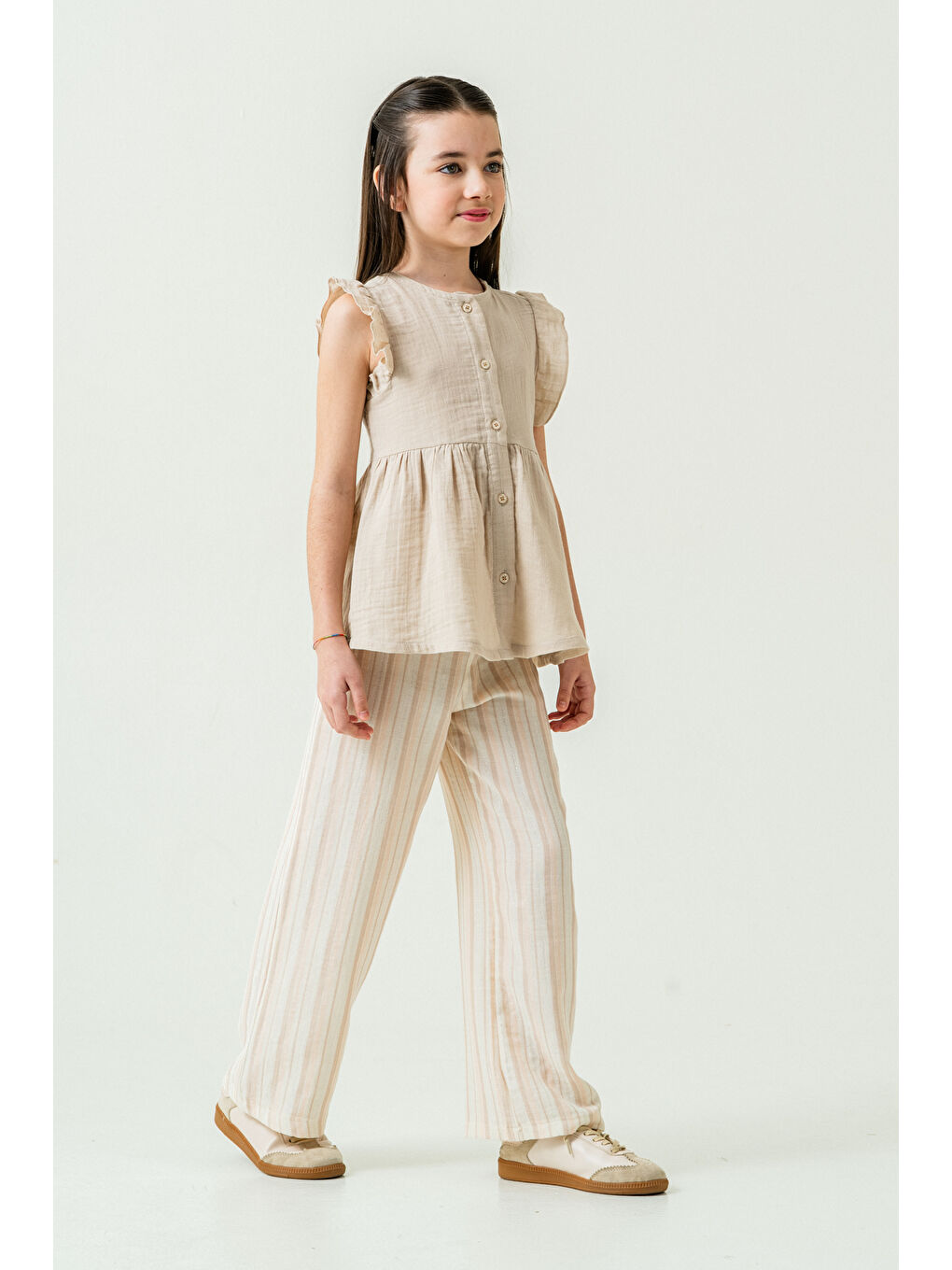 Kız Çocuk Gömlekli Çizgili Müslin Takım 5-9 Yaş Bej 3807-1-3