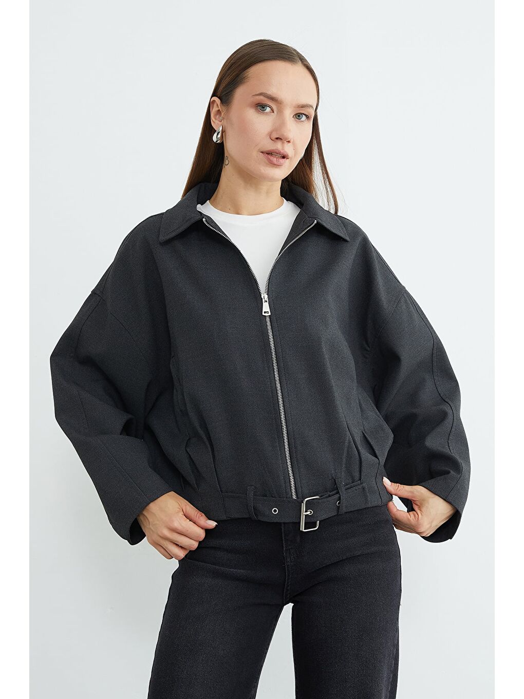 Antrasit Kemerli Pileli Oversize Trençkot