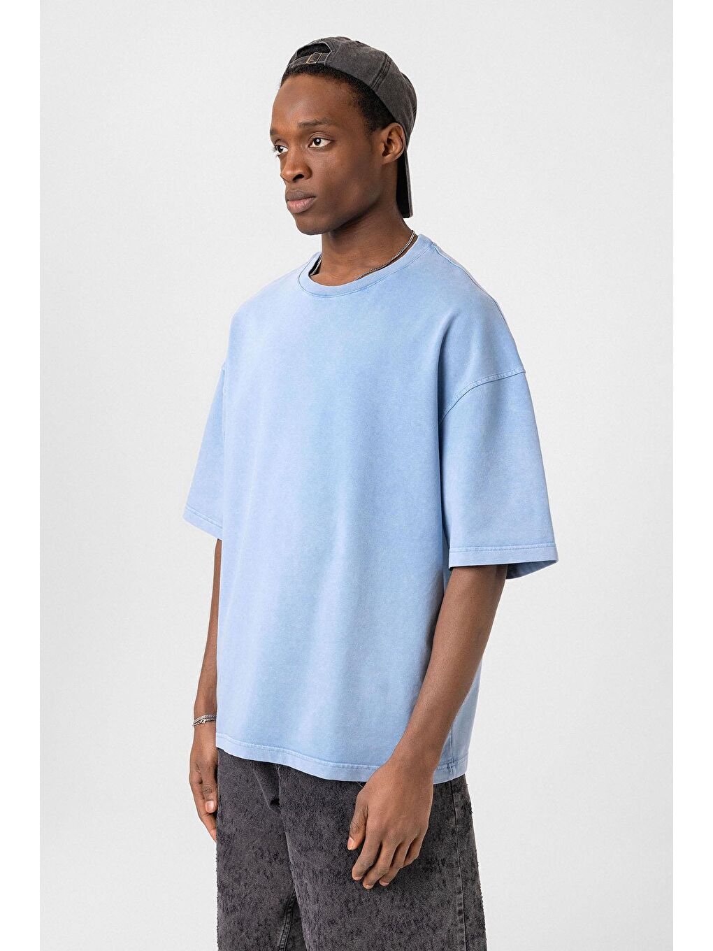 Yıkamalı Oversize Tişört Mavi-2